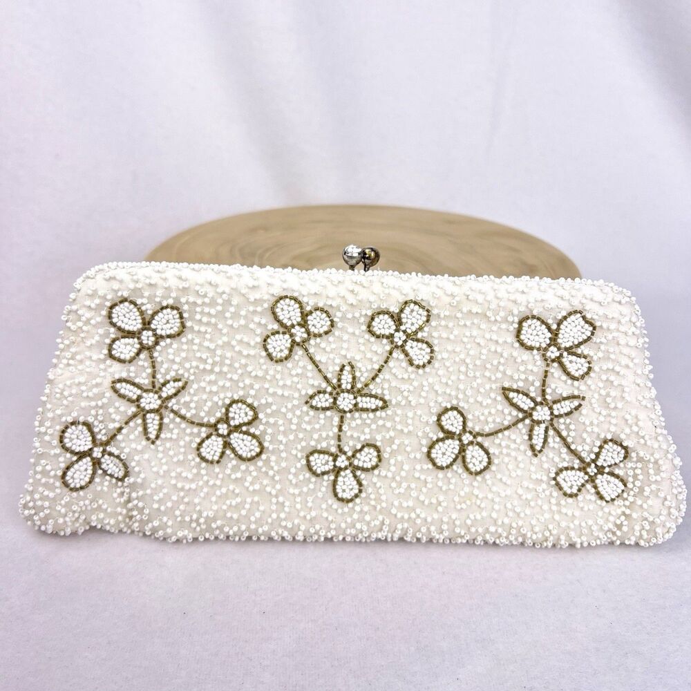 VTG Olympic Accessory Pearl Beaded Clutch Purse Delicate Flowers Made In Japan